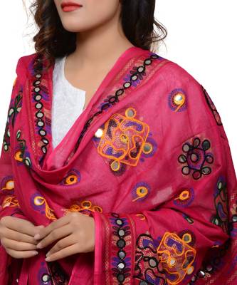 Women's Pure Cotton Aari Embroidery & Foil Mirrors Dupatta (Chakachak) Pink - CHK09 4