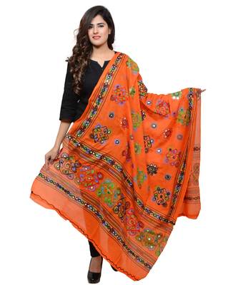 Women's Pure Cotton Aari Embroidery & Foil Mirrors Dupatta (Chakachak) Tangy Orange - CHK11 1