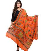 Women's Pure Cotton Aari Embroidery & Foil Mirrors Dupatta (Chakachak) Tangy Orange - CHK11
