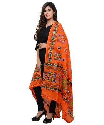 Women's Pure Cotton Aari Embroidery & Foil Mirrors Dupatta (Chakachak) Tangy Orange - CHK11 2