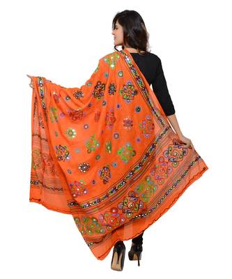 Women's Pure Cotton Aari Embroidery & Foil Mirrors Dupatta (Chakachak) Tangy Orange - CHK11 3