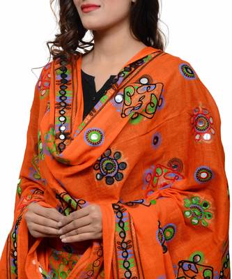 Women's Pure Cotton Aari Embroidery & Foil Mirrors Dupatta (Chakachak) Tangy Orange - CHK11 4