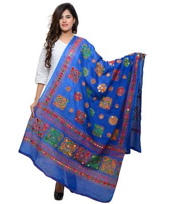 Women's Pure Cotton Aari Embroidery & Foil Mirrors Dupatta (Chakachak) Blue - CHK12 1