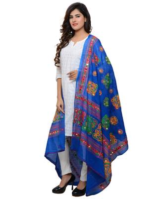 Women's Pure Cotton Aari Embroidery & Foil Mirrors Dupatta (Chakachak) Blue - CHK12 2