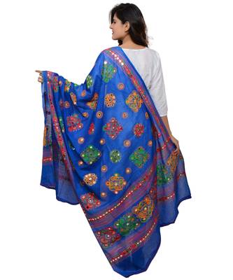 Women's Pure Cotton Aari Embroidery & Foil Mirrors Dupatta (Chakachak) Blue - CHK12 3