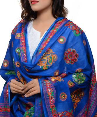 Women's Pure Cotton Aari Embroidery & Foil Mirrors Dupatta (Chakachak) Blue - CHK12 4
