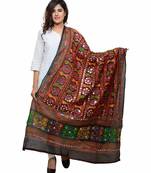 Women's Pure Cotton Aari Embroidery & Foil Mirrors Dupatta (Bharchak) Black