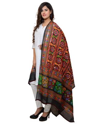 Women's Pure Cotton Aari Embroidery & Foil Mirrors Dupatta (Bharchak) Black 2