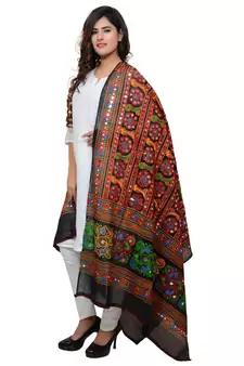 Women's Pure Cotton Aari Embroidery & Foil Mirrors Dupatta (Bharchak) Black