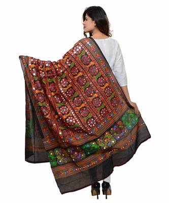 Women's Pure Cotton Aari Embroidery & Foil Mirrors Dupatta (Bharchak) Black 3