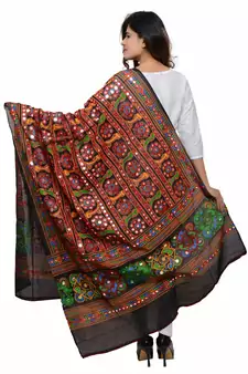 Women's Pure Cotton Aari Embroidery & Foil Mirrors Dupatta (Bharchak) Black