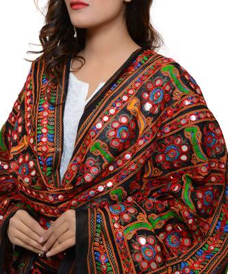 Women's Pure Cotton Aari Embroidery & Foil Mirrors Dupatta (Bharchak) Black 4