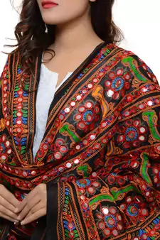 Women's Pure Cotton Aari Embroidery & Foil Mirrors Dupatta (Bharchak) Black