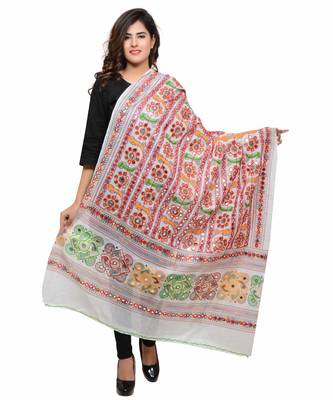 Women's Pure Cotton Aari Embroidery & Foil Mirrors Dupatta (Bharchak VIP) White - VIP02 1
