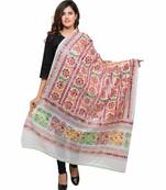 Women's Pure Cotton Aari Embroidery & Foil Mirrors Dupatta (Bharchak VIP) White - VIP02