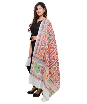Women's Pure Cotton Aari Embroidery & Foil Mirrors Dupatta (Bharchak VIP) White - VIP02 2