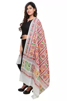 Women's Pure Cotton Aari Embroidery & Foil Mirrors Dupatta (Bharchak VIP) White - VIP02