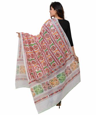 Women's Pure Cotton Aari Embroidery & Foil Mirrors Dupatta (Bharchak VIP) White - VIP02 3
