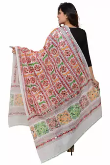 Women's Pure Cotton Aari Embroidery & Foil Mirrors Dupatta (Bharchak VIP) White - VIP02