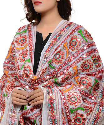 Women's Pure Cotton Aari Embroidery & Foil Mirrors Dupatta (Bharchak VIP) White - VIP02 4