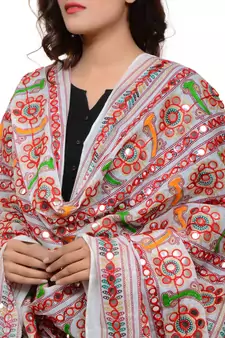 Women's Pure Cotton Aari Embroidery & Foil Mirrors Dupatta (Bharchak VIP) White - VIP02