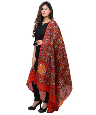 Women's Pure Cotton Aari Embroidery & Foil Mirrors Dupatta (Bharchak VIP) Red - VIP03 2