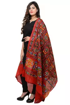 Women's Pure Cotton Aari Embroidery & Foil Mirrors Dupatta (Bharchak VIP) Red - VIP03