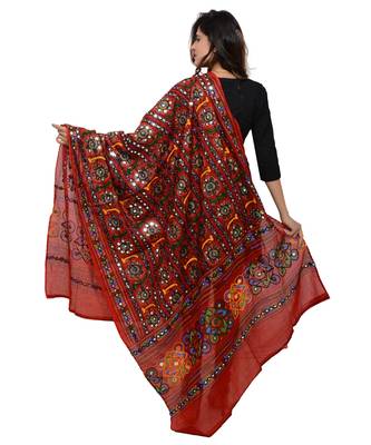 Women's Pure Cotton Aari Embroidery & Foil Mirrors Dupatta (Bharchak VIP) Red - VIP03 3