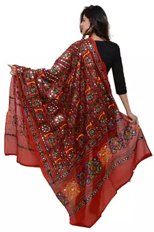 Women's Pure Cotton Aari Embroidery & Foil Mirrors Dupatta (Bharchak VIP) Red - VIP03