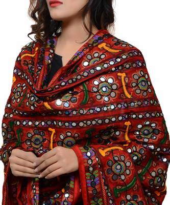 Women's Pure Cotton Aari Embroidery & Foil Mirrors Dupatta (Bharchak VIP) Red - VIP03 4