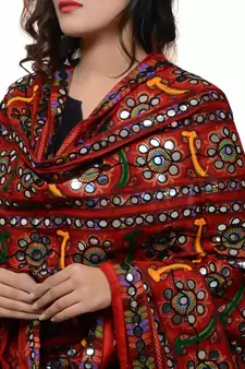 Women's Pure Cotton Aari Embroidery & Foil Mirrors Dupatta (Bharchak VIP) Red - VIP03