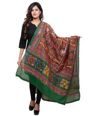 Women's Pure Cotton Aari Embroidery & Foil Mirrors Dupatta (Bharchak VIP) Dark Green  - VIP05 1