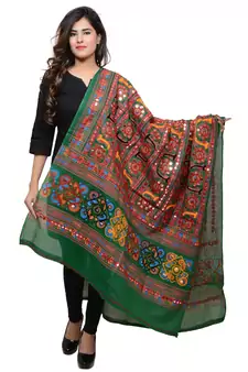 Women's Pure Cotton Aari Embroidery & Foil Mirrors Dupatta (Bharchak VIP) Dark Green  - VIP05
