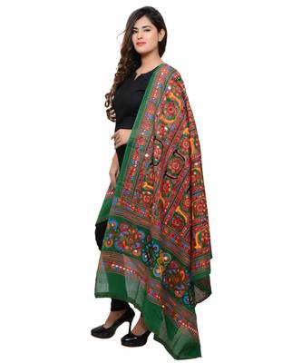 Women's Pure Cotton Aari Embroidery & Foil Mirrors Dupatta (Bharchak VIP) Dark Green  - VIP05 2
