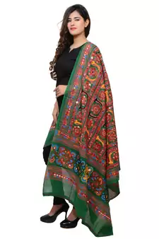 Women's Pure Cotton Aari Embroidery & Foil Mirrors Dupatta (Bharchak VIP) Dark Green  - VIP05