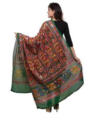 Women's Pure Cotton Aari Embroidery & Foil Mirrors Dupatta (Bharchak VIP) Dark Green  - VIP05 3