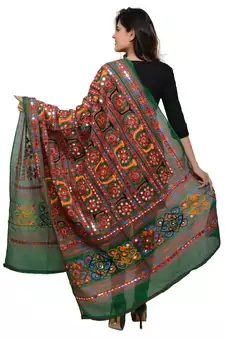 Women's Pure Cotton Aari Embroidery & Foil Mirrors Dupatta (Bharchak VIP) Dark Green  - VIP05