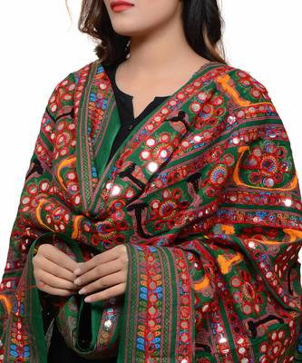 Women's Pure Cotton Aari Embroidery & Foil Mirrors Dupatta (Bharchak VIP) Dark Green  - VIP05 4