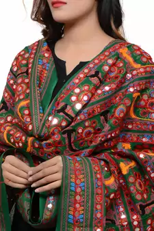 Women's Pure Cotton Aari Embroidery & Foil Mirrors Dupatta (Bharchak VIP) Dark Green  - VIP05