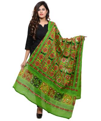 Women's Pure Cotton Aari Embroidery & Foil Mirrors Dupatta (Bharchak VIP) Parrot Green - VIP06 1