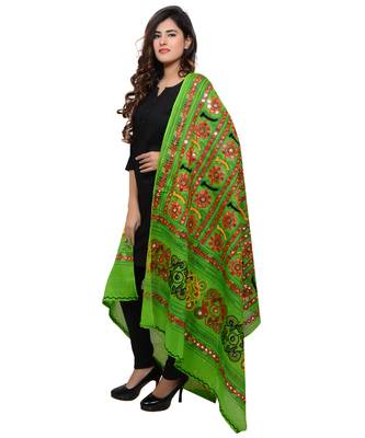 Women's Pure Cotton Aari Embroidery & Foil Mirrors Dupatta (Bharchak VIP) Parrot Green - VIP06 2