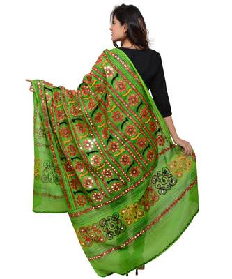 Women's Pure Cotton Aari Embroidery & Foil Mirrors Dupatta (Bharchak VIP) Parrot Green - VIP06 3