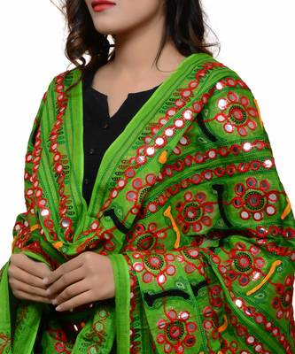 Women's Pure Cotton Aari Embroidery & Foil Mirrors Dupatta (Bharchak VIP) Parrot Green - VIP06 4