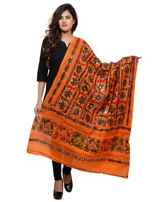 Women's Pure Cotton Aari Embroidery & Foil Mirrors Dupatta (Bharchak VIP) Light Orange - VIP07 1
