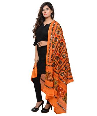 Women's Pure Cotton Aari Embroidery & Foil Mirrors Dupatta (Bharchak VIP) Light Orange - VIP07 2