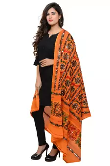 Women's Pure Cotton Aari Embroidery & Foil Mirrors Dupatta (Bharchak VIP) Light Orange - VIP07
