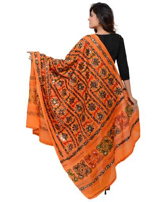 Women's Pure Cotton Aari Embroidery & Foil Mirrors Dupatta (Bharchak VIP) Light Orange - VIP07 3