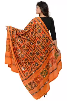 Women's Pure Cotton Aari Embroidery & Foil Mirrors Dupatta (Bharchak VIP) Light Orange - VIP07