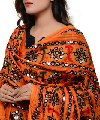 Women's Pure Cotton Aari Embroidery & Foil Mirrors Dupatta (Bharchak VIP) Light Orange - VIP07 4