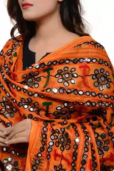 Women's Pure Cotton Aari Embroidery & Foil Mirrors Dupatta (Bharchak VIP) Light Orange - VIP07